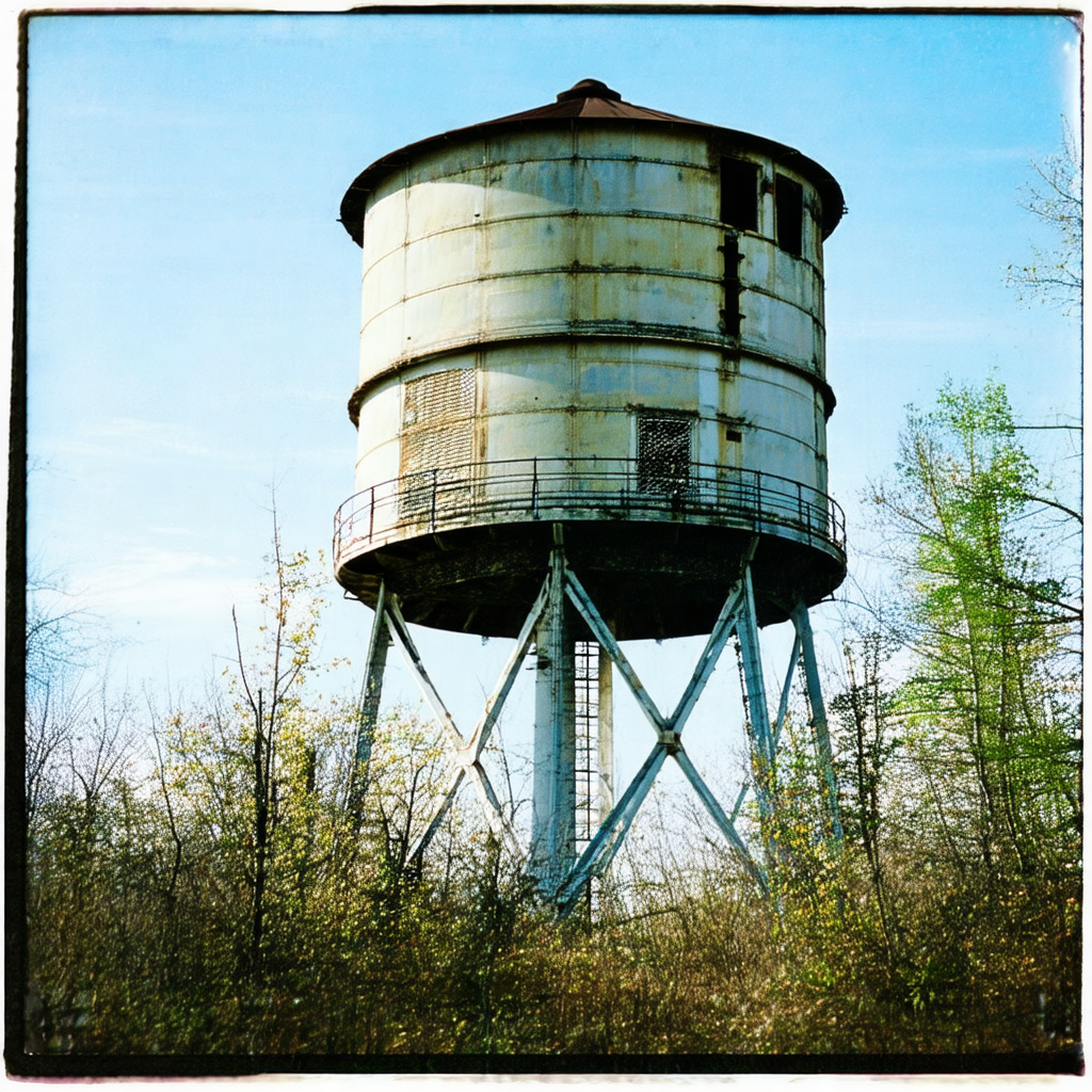 Large, rusty water tower with a metal top