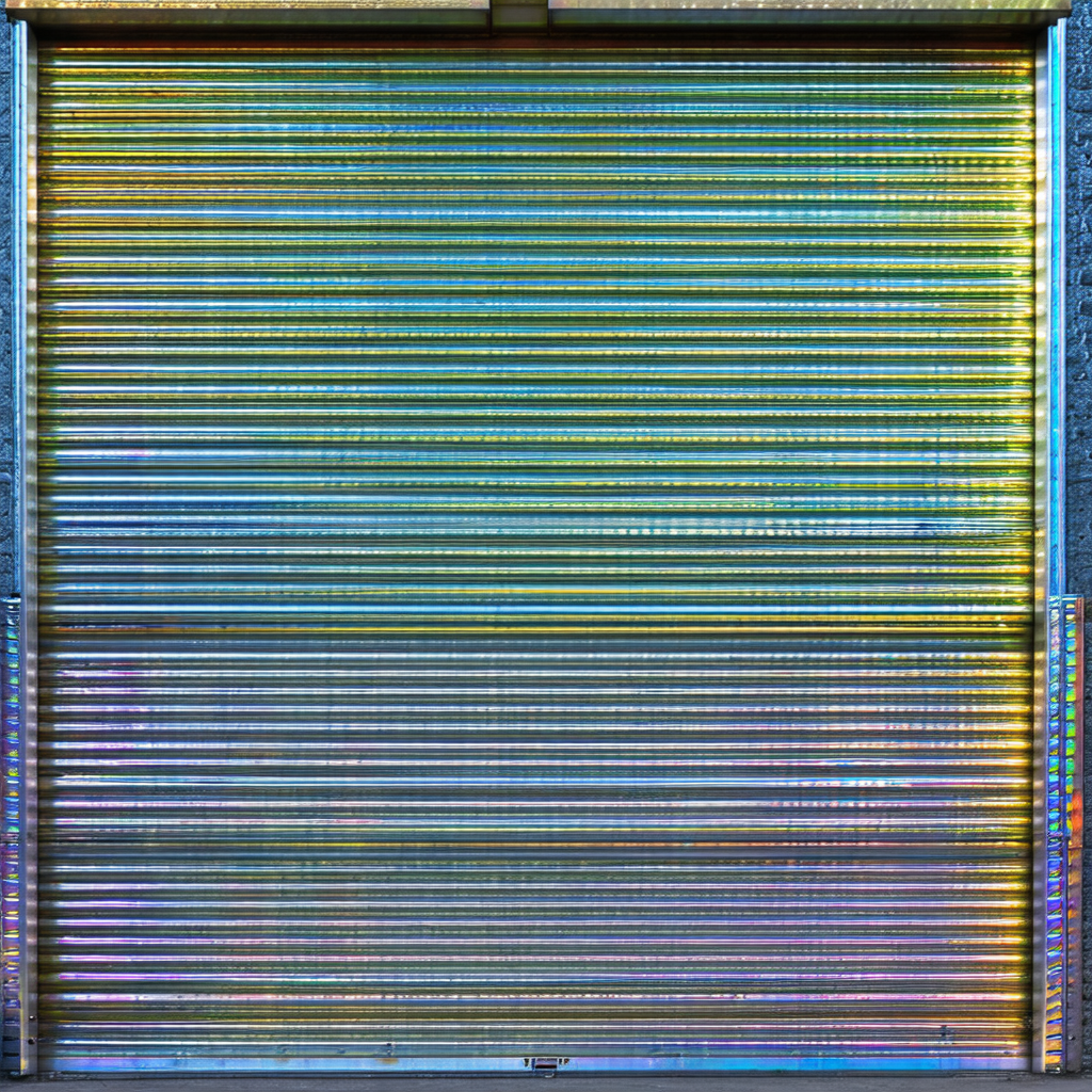Large, colorful garage door with a metallic finish