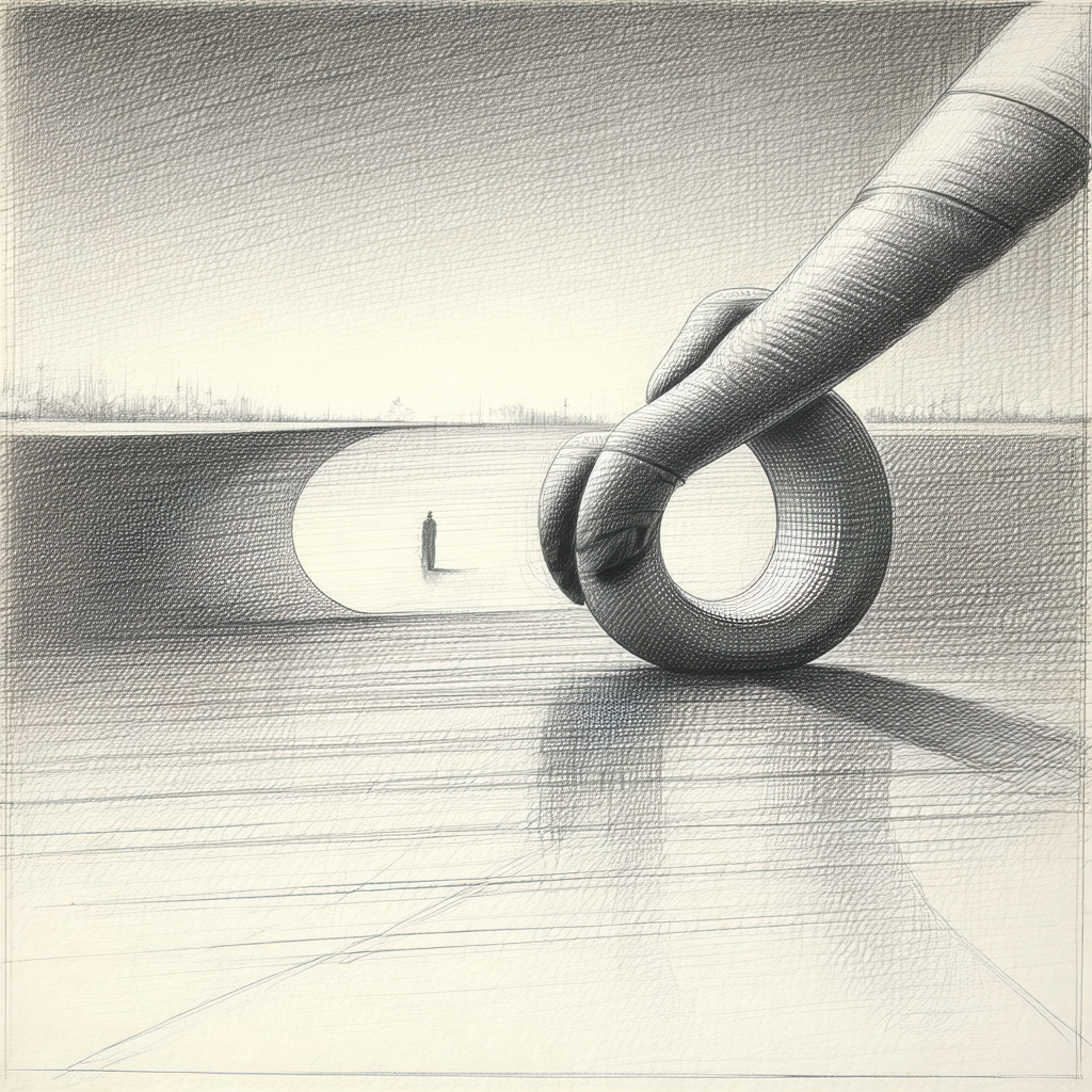 Black and white drawing of a person standing in a tunnel