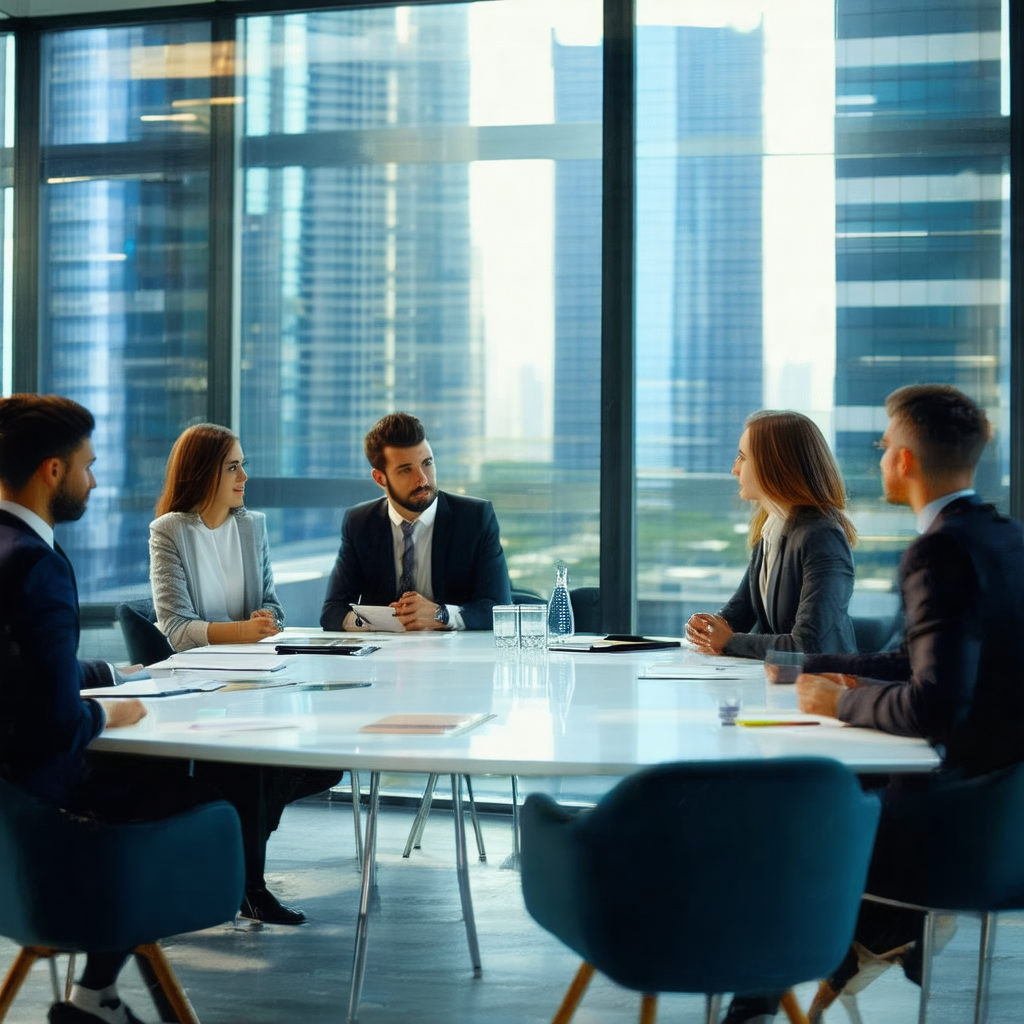 Group of people sitting around a large conference table i...