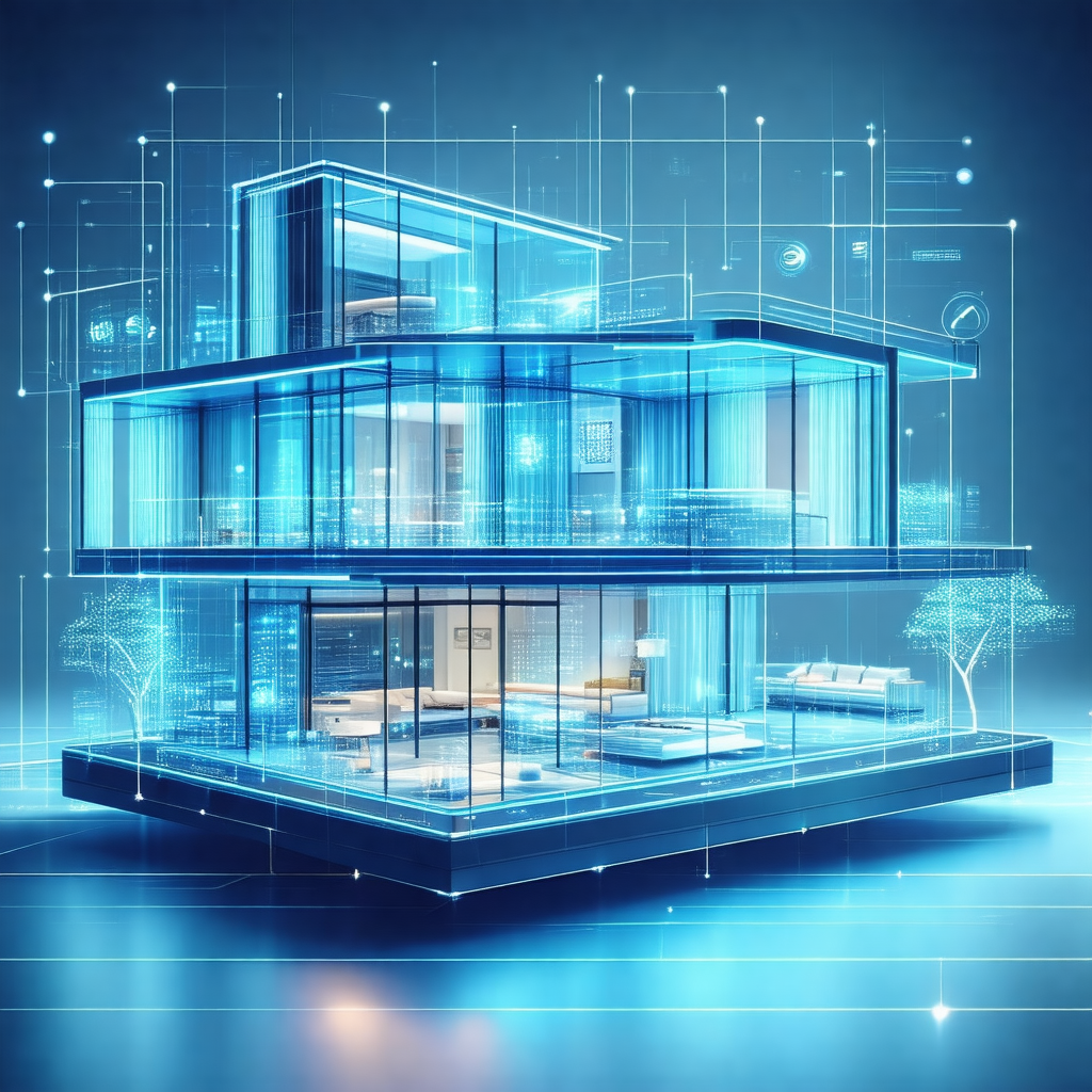 Futuristic, blue-toned rendering of a house