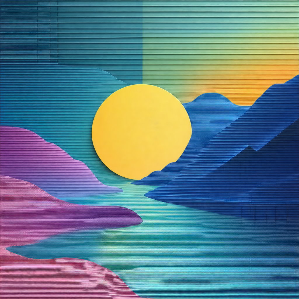 Beautiful landscape with a large yellow sun in the middle...