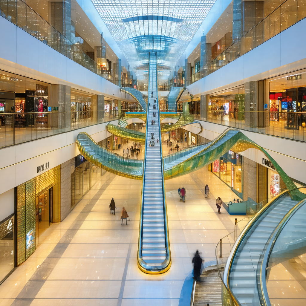 Large, modern shopping mall with a spiral staircase as it...