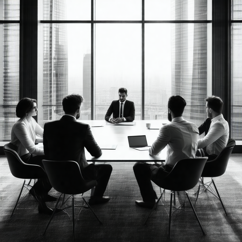 Group of people sitting around a conference table in a la...