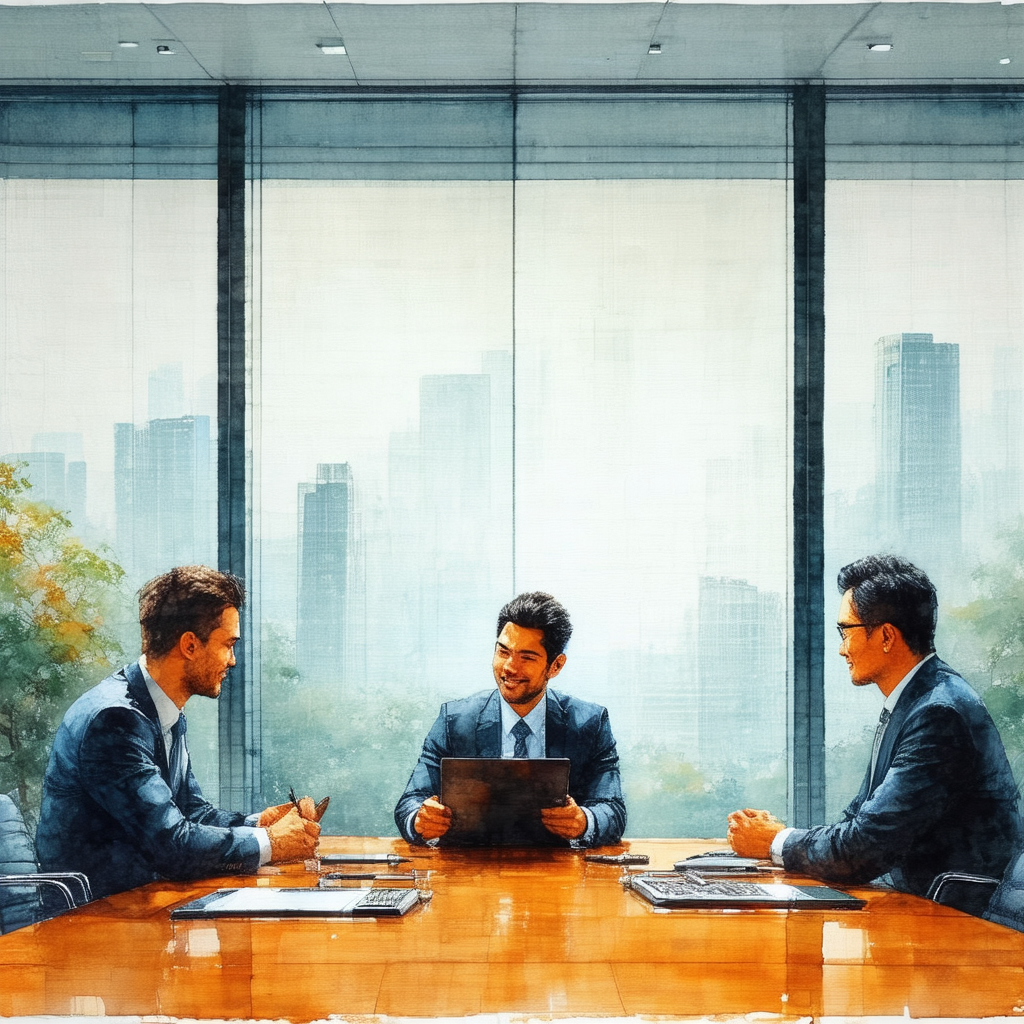 Group of three men sitting around a large wooden table in...