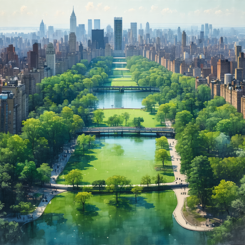 Painting of a city park with a large body of water, possi...