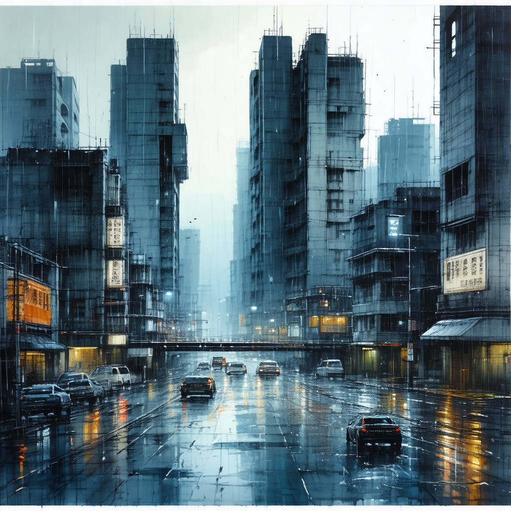 Rainy city street at night, with a bridge visible in the ...