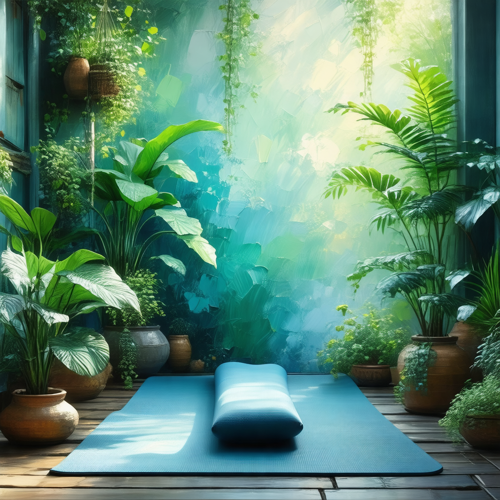 Blue yoga mat placed on a wooden floor, surrounded by sev...