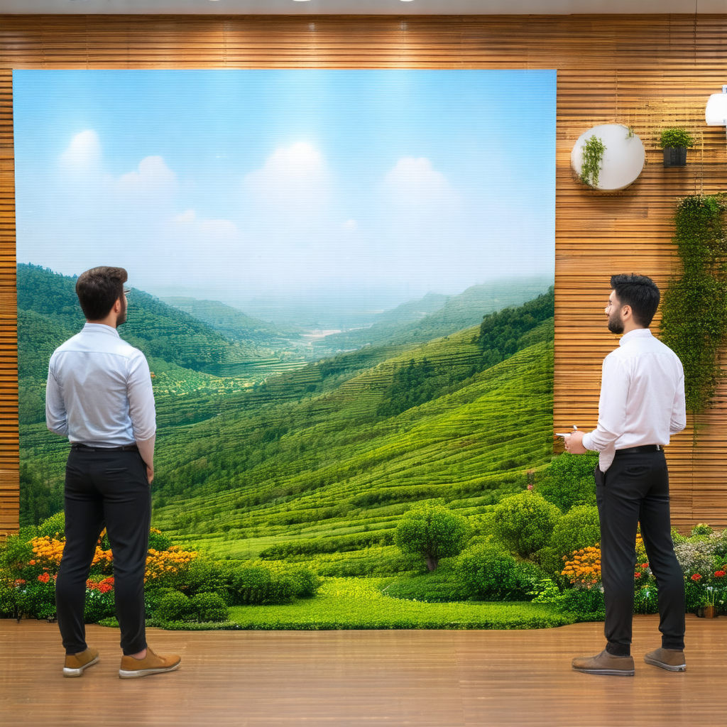 Two men standing in a room, looking at a large painting o...