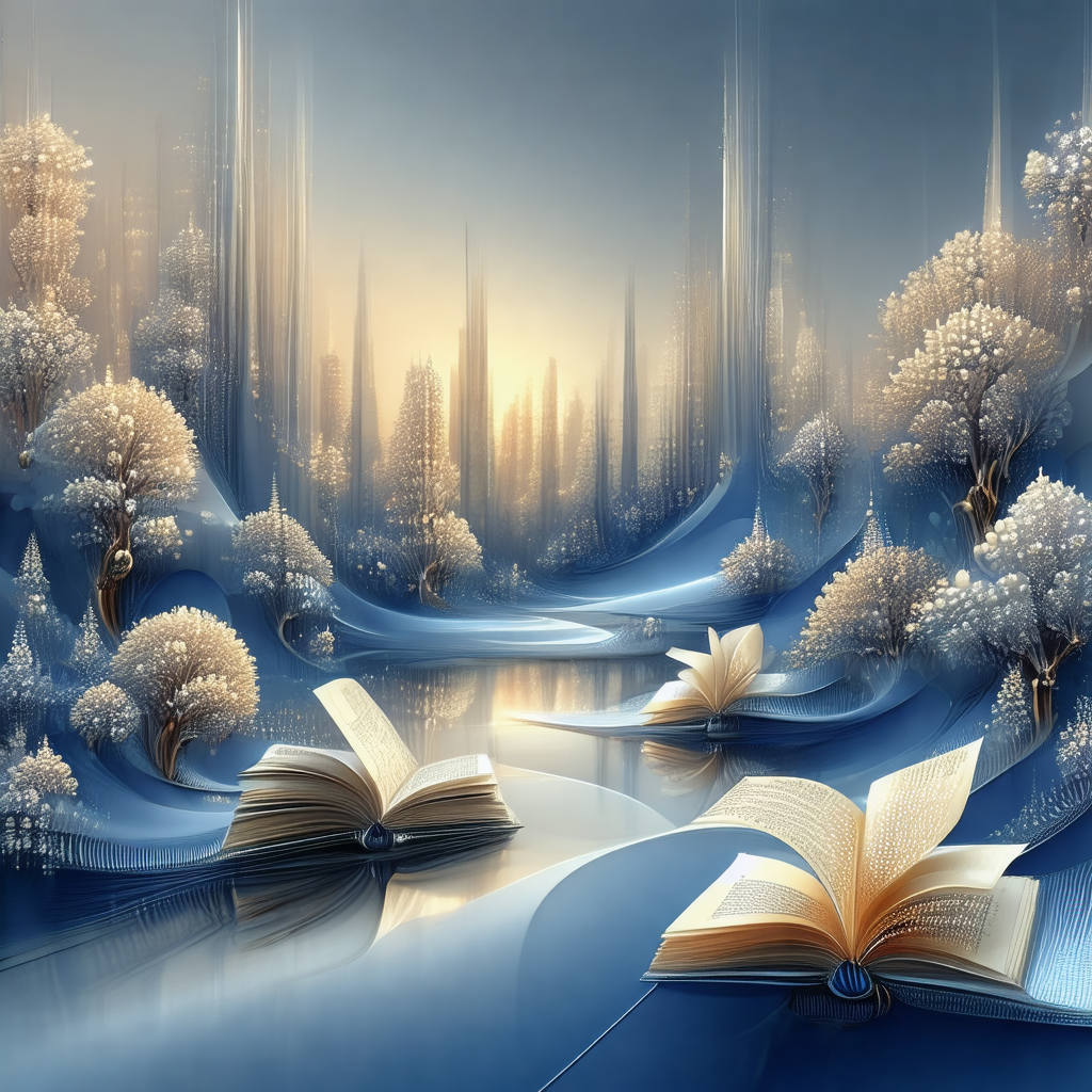 Digital painting of a book floating in a blue river