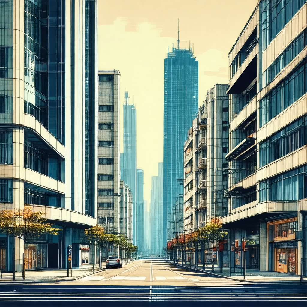 Painting of a city street with a tall building in the bac...