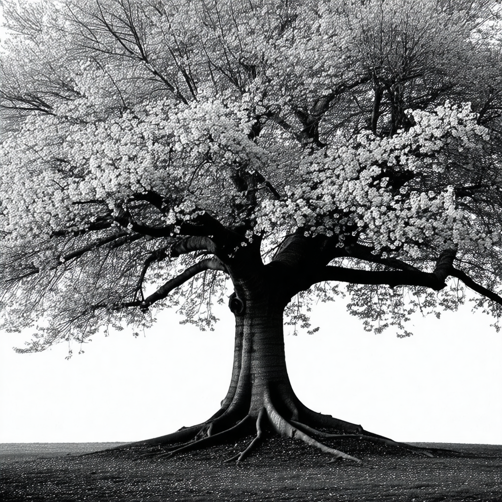 Black and white photograph of a large tree with a massive...