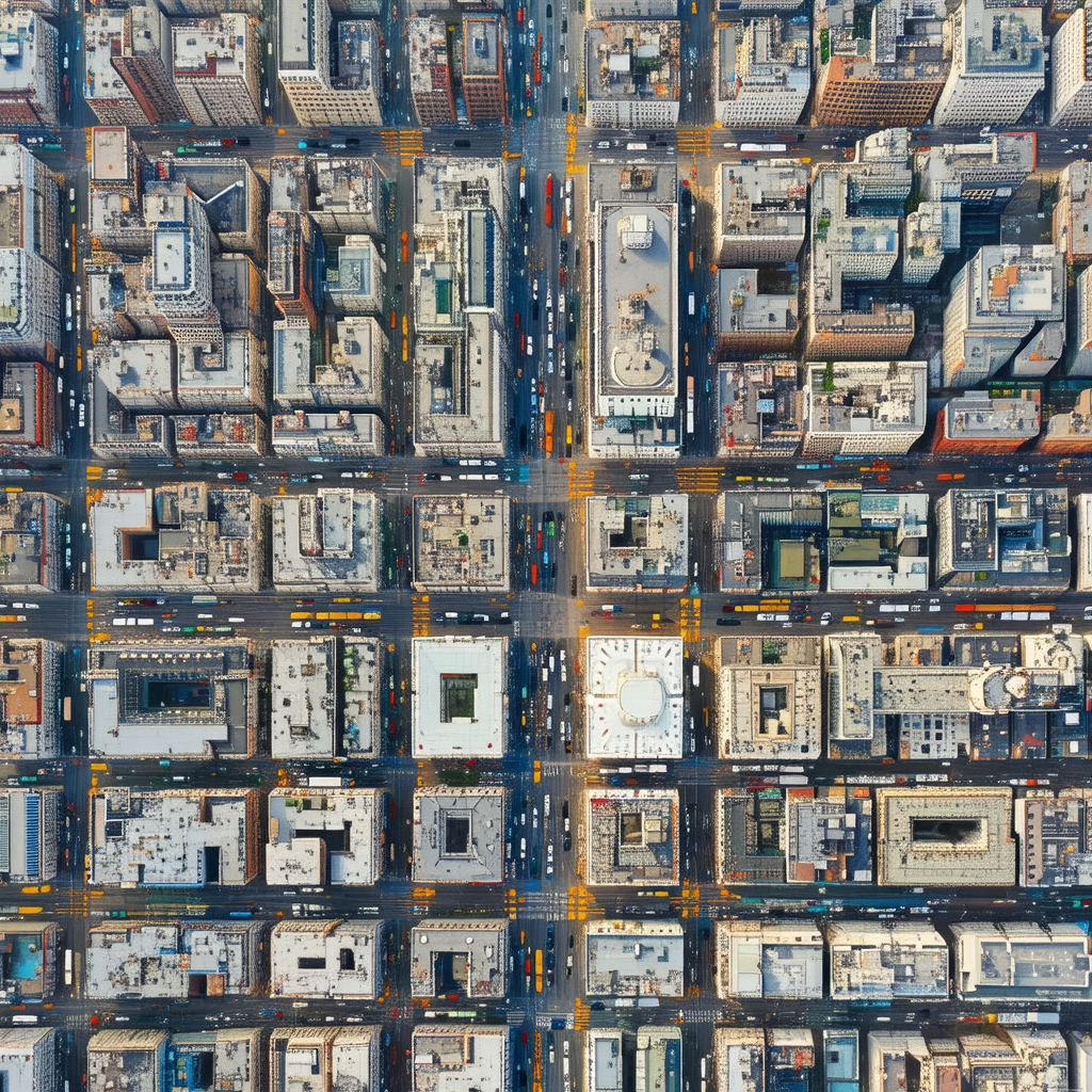 Bird's eye view of a large city, showcasing the busy stre...