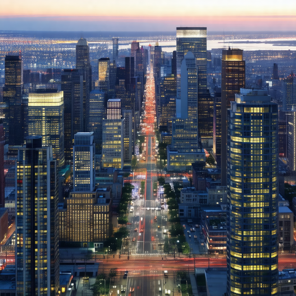 Nighttime view of a city street with tall buildings surro...