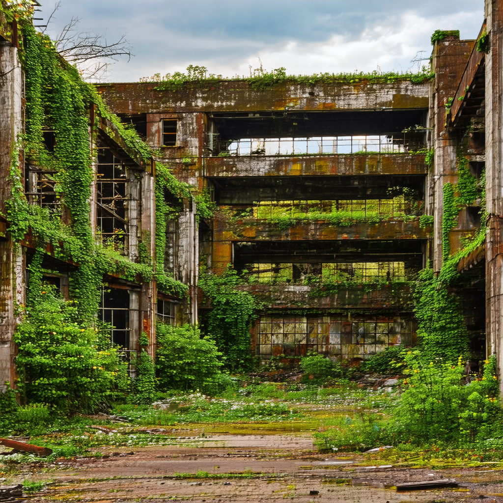 Large, abandoned building with a lush green ivy growing o...