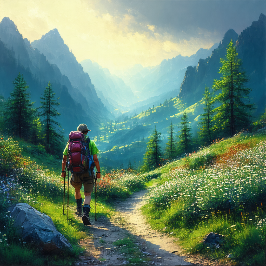 Man walking through a lush green forest, carrying a backpack