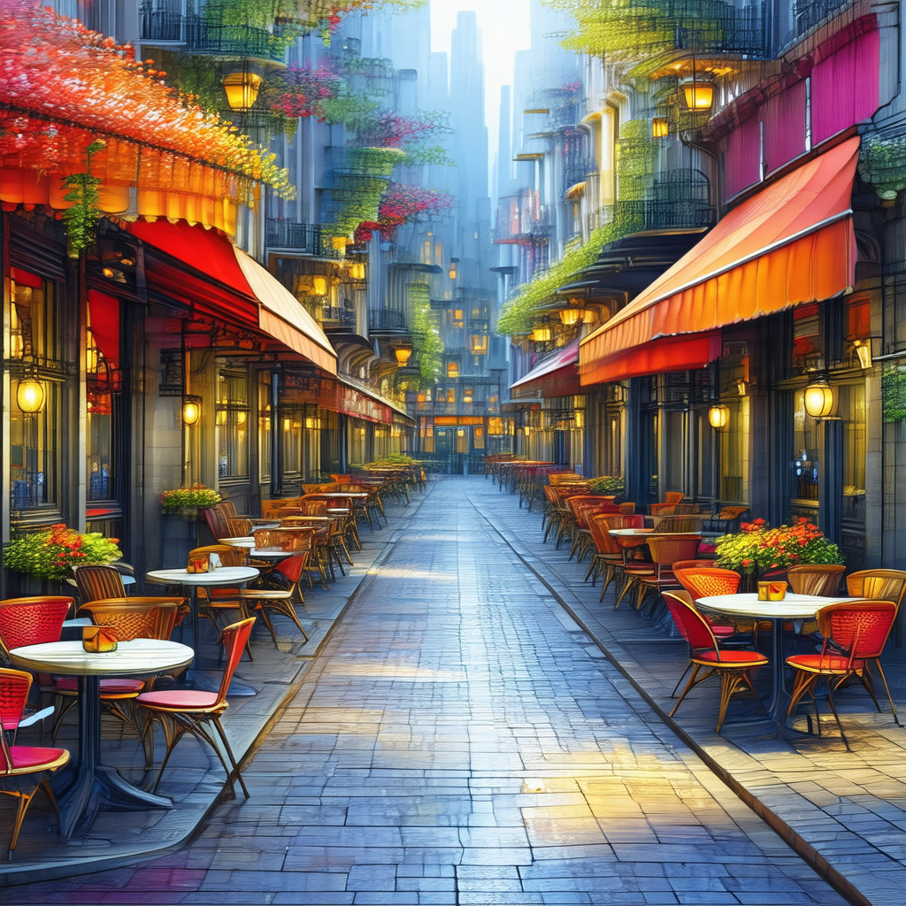 Painting of a city street with a row of tables and chairs...