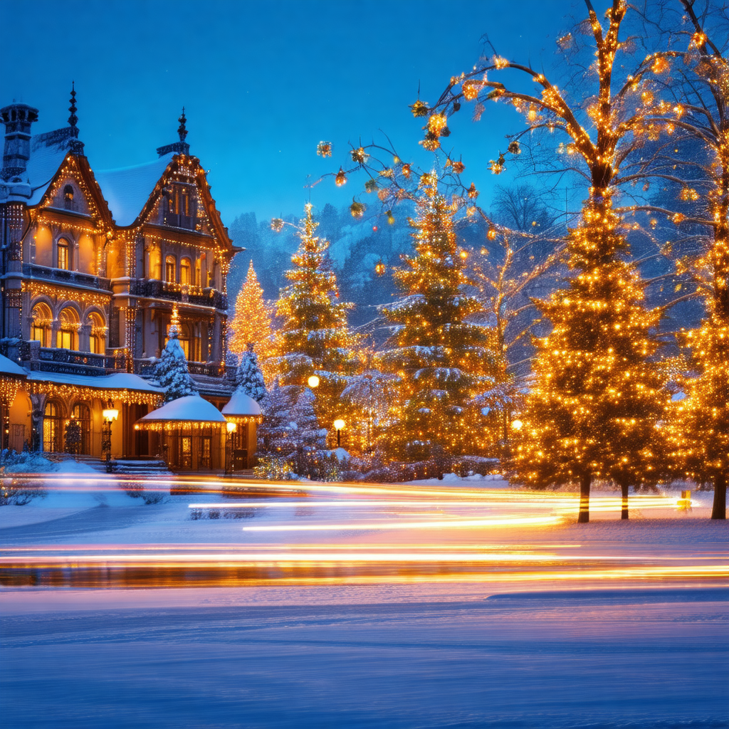Captures a beautiful winter scene with a large house surr...
