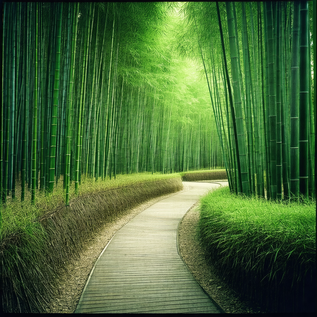 Long, narrow pathway surrounded by a forest of tall, slen...