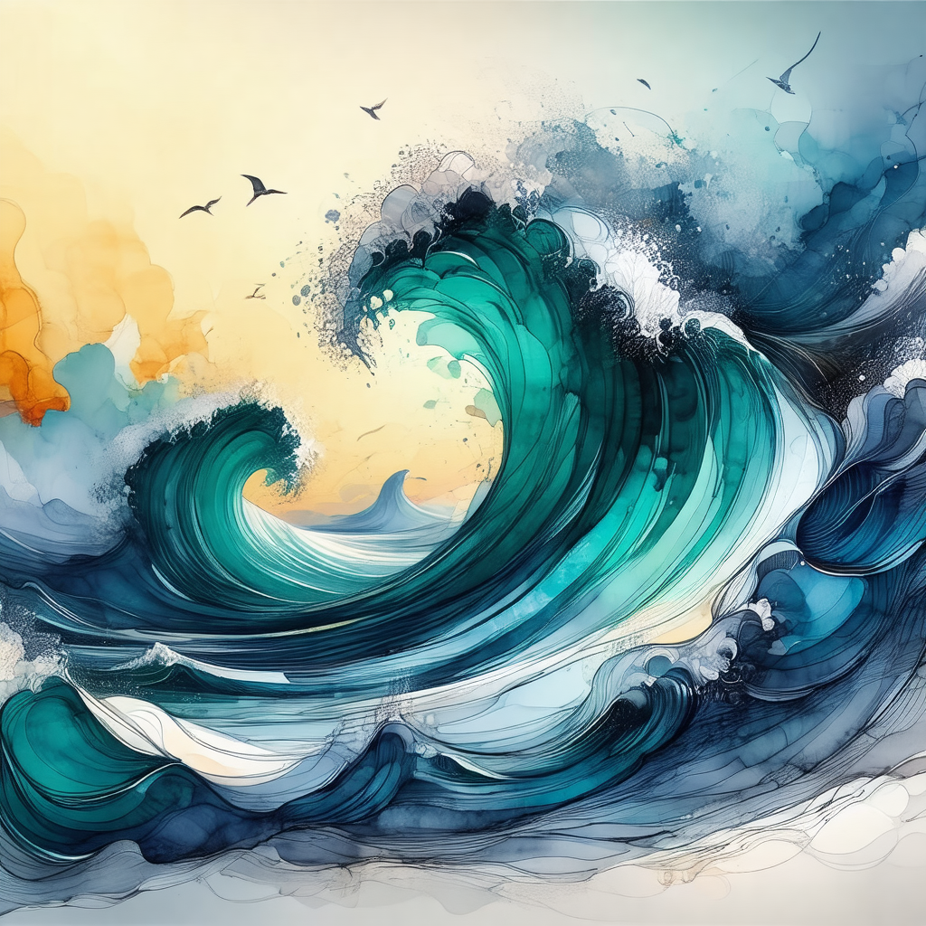 Painting of a large wave with a blue and white color scheme