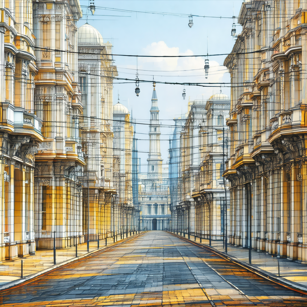 Painting of a city street with tall buildings on both sides