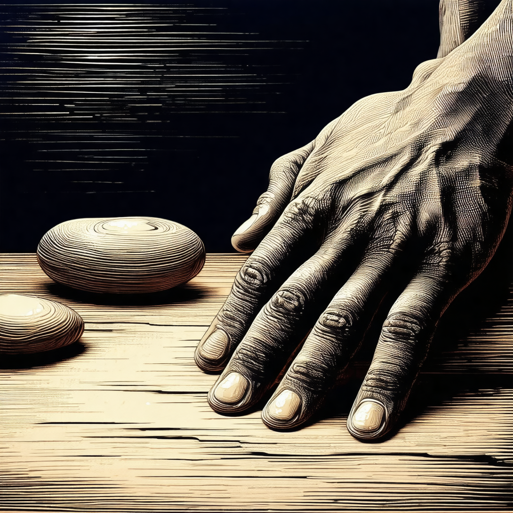 Black and white drawing of a person's hand holding a wood...