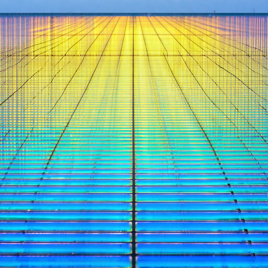 Large glass building with a rainbow-colored glass wall