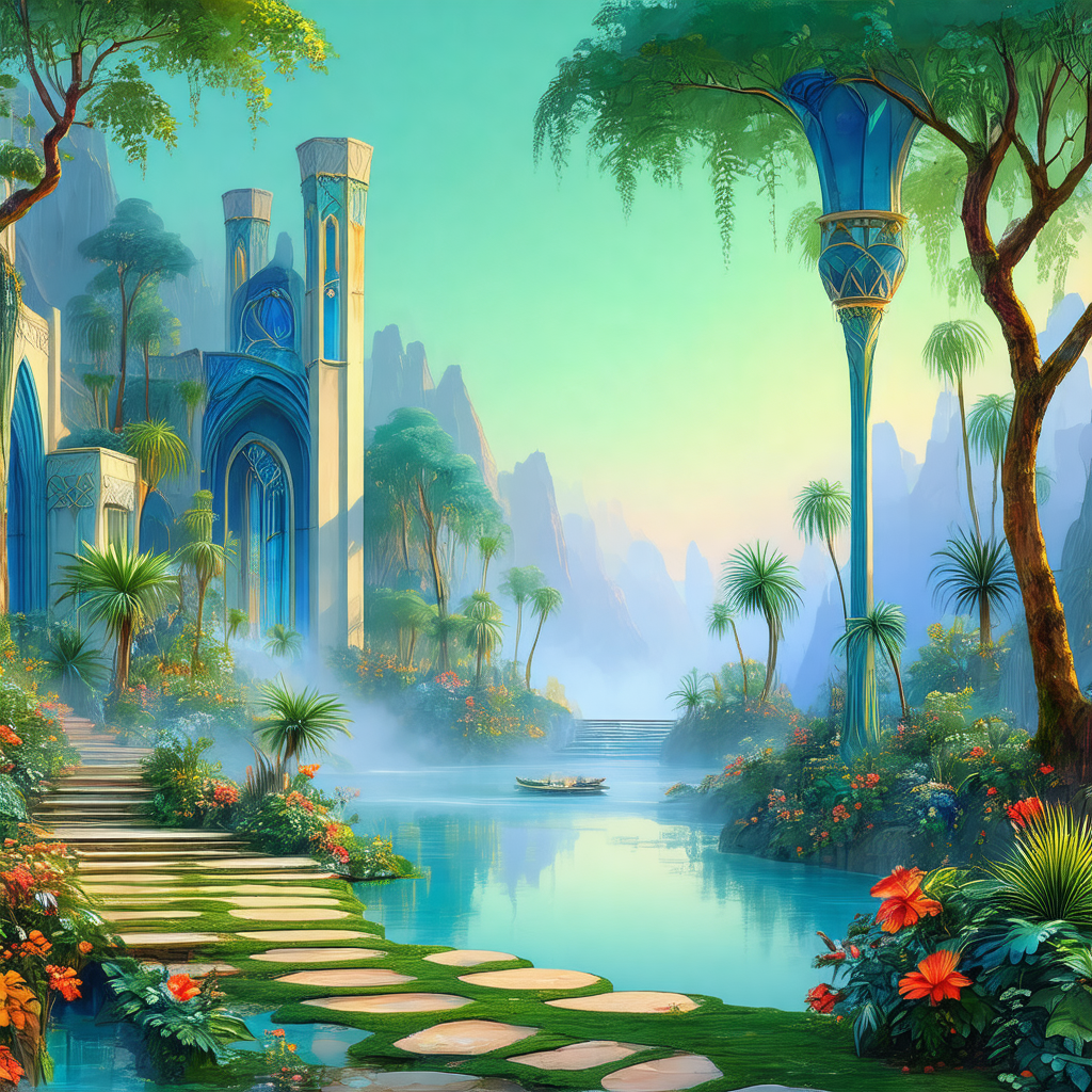 Painting of a beautiful garden with a waterfall and a riv...