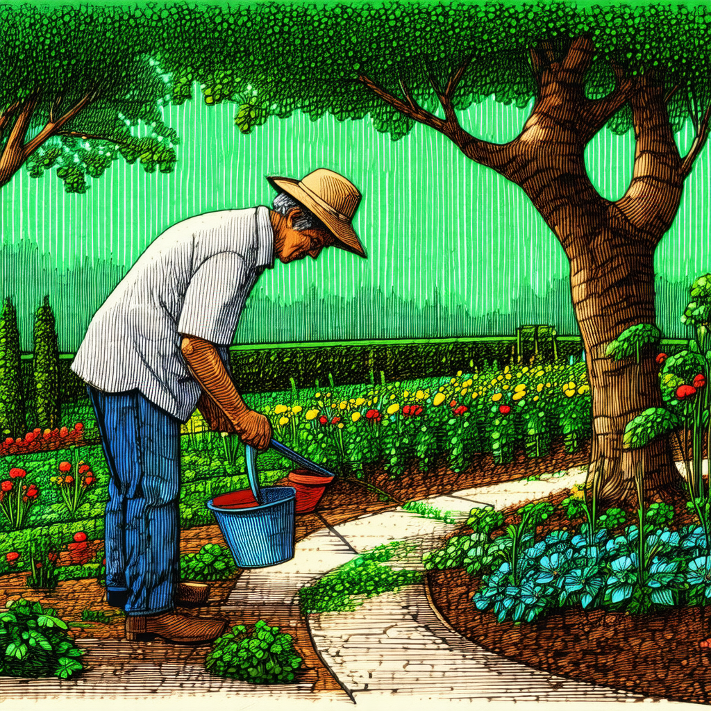 Colorful painting of a man tending to a garden