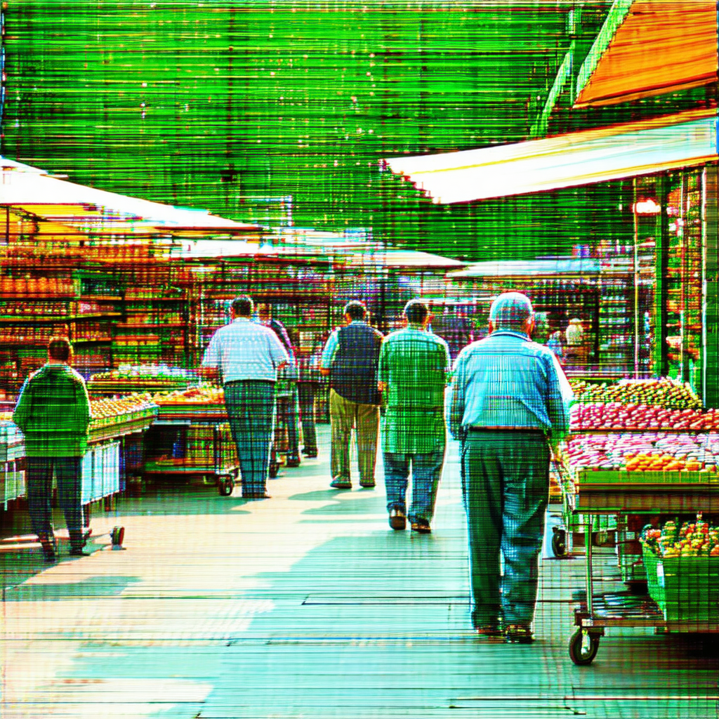 Bustling farmers market with a group of people walking do...