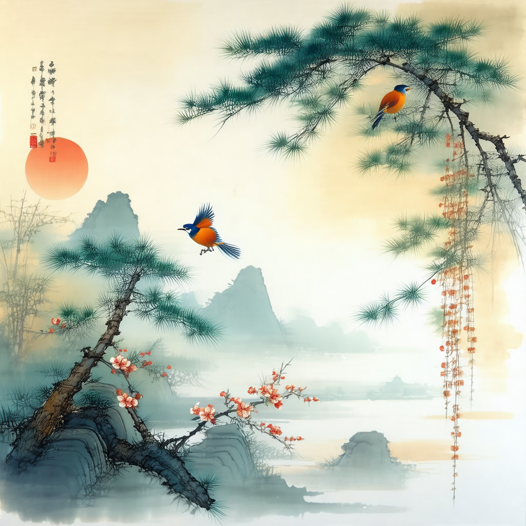 Beautiful painting of a mountainous landscape with a fore...