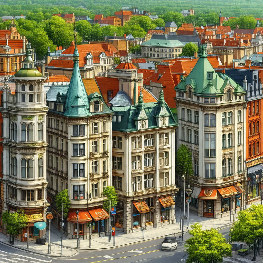 Colorful, hand-drawn illustration of a city street with a...