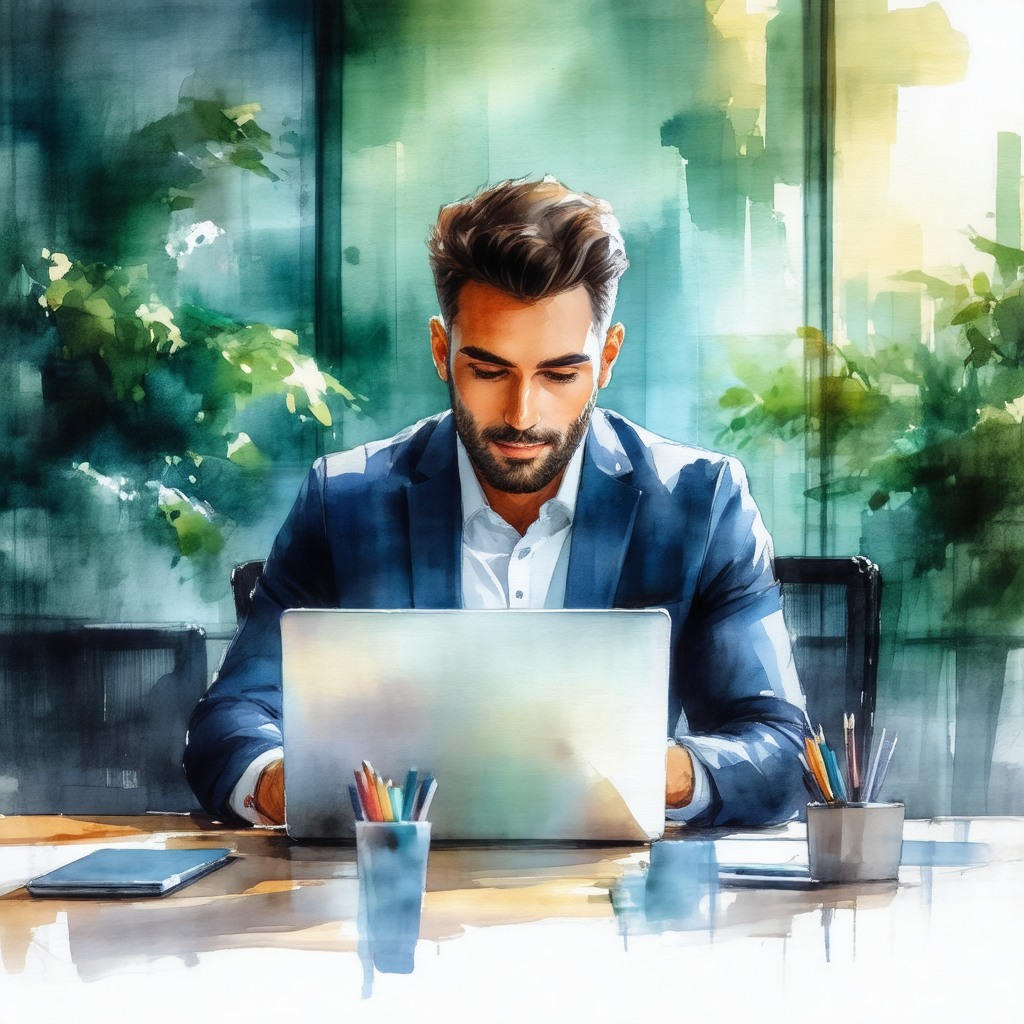 Man sitting at a desk, working on a laptop computer