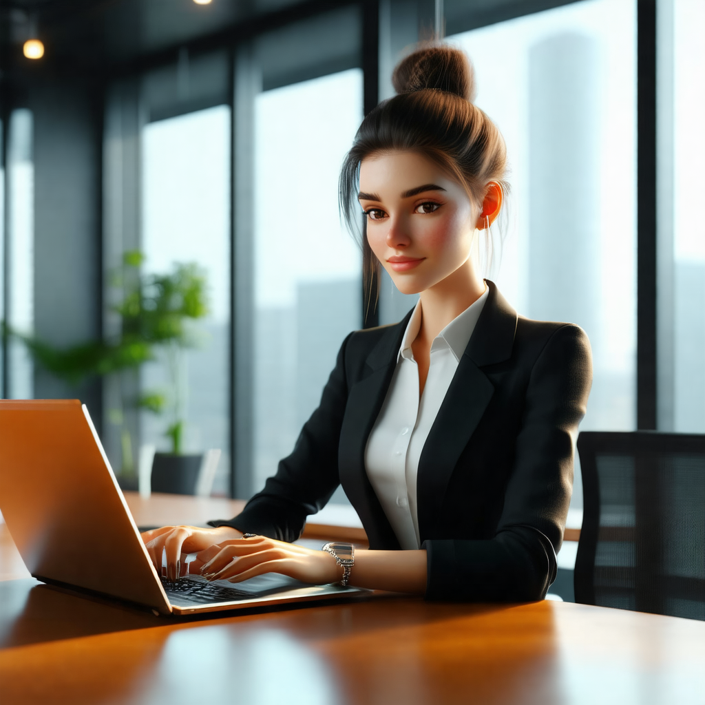 Woman sitting at a desk, working on her laptop