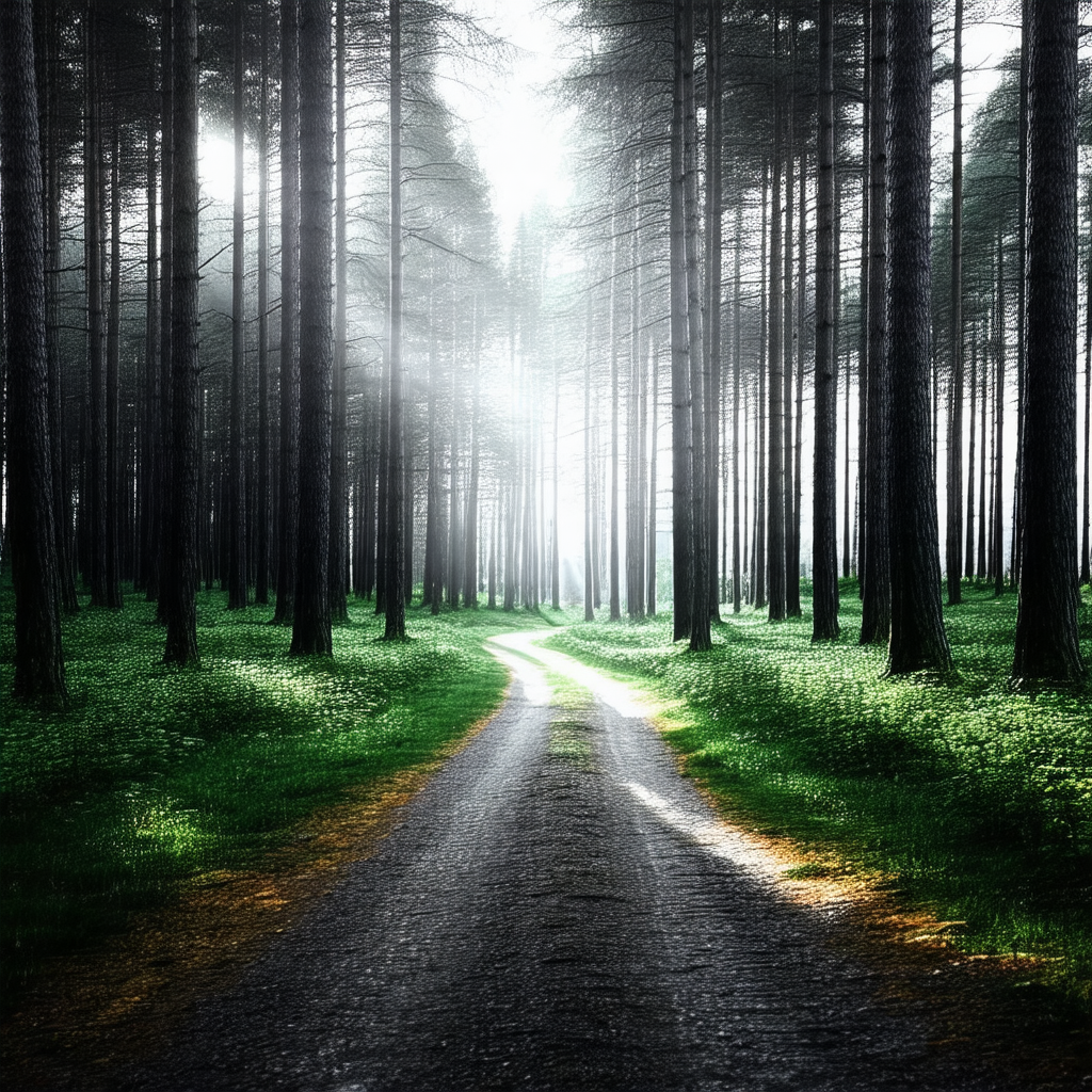 Serene forest scene with a dirt road running through it