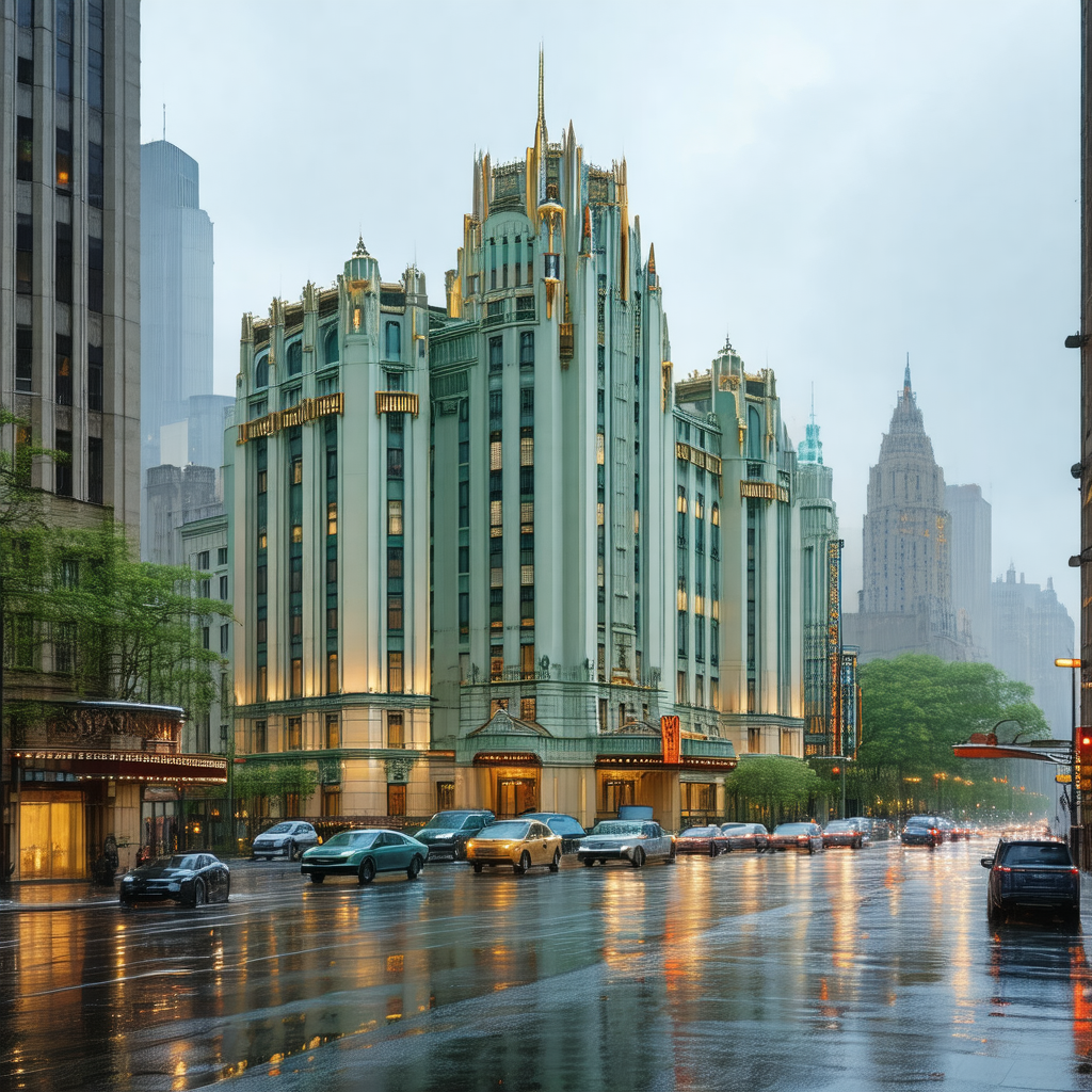 Busy city street with a large, ornate building in the bac...