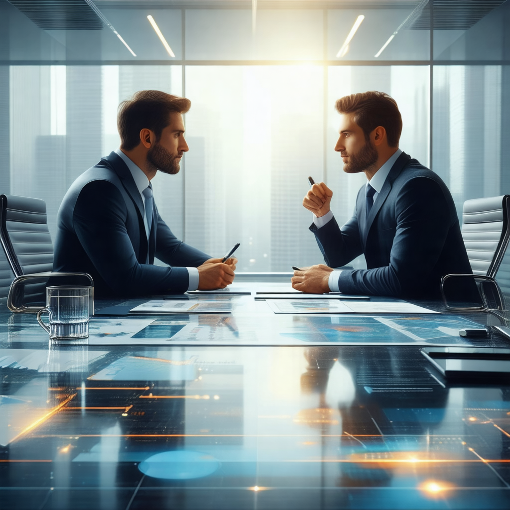 Two men dressed in suits, sitting at a conference table a...