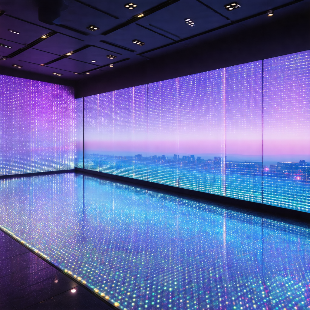 Large, brightly lit room with a purple and blue color scheme