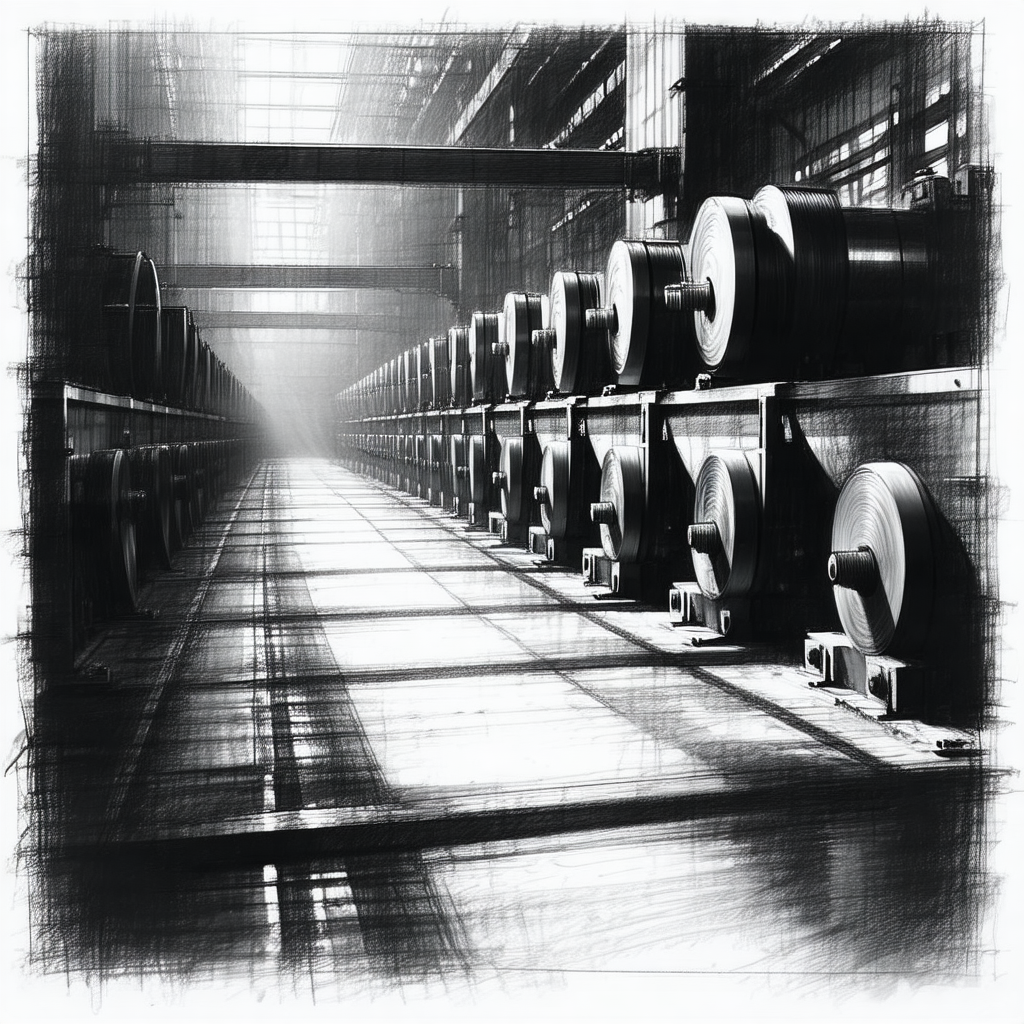 Black and white photo of a factory floor with a conveyor ...