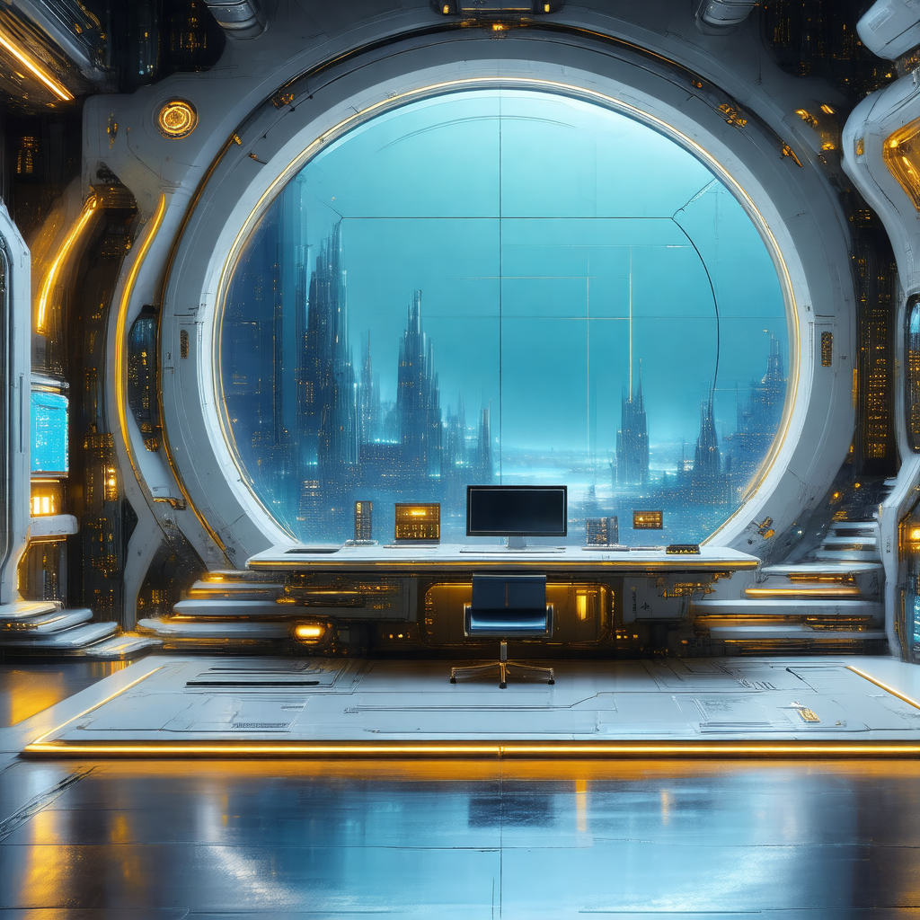 Futuristic room with a large window that provides a view ...