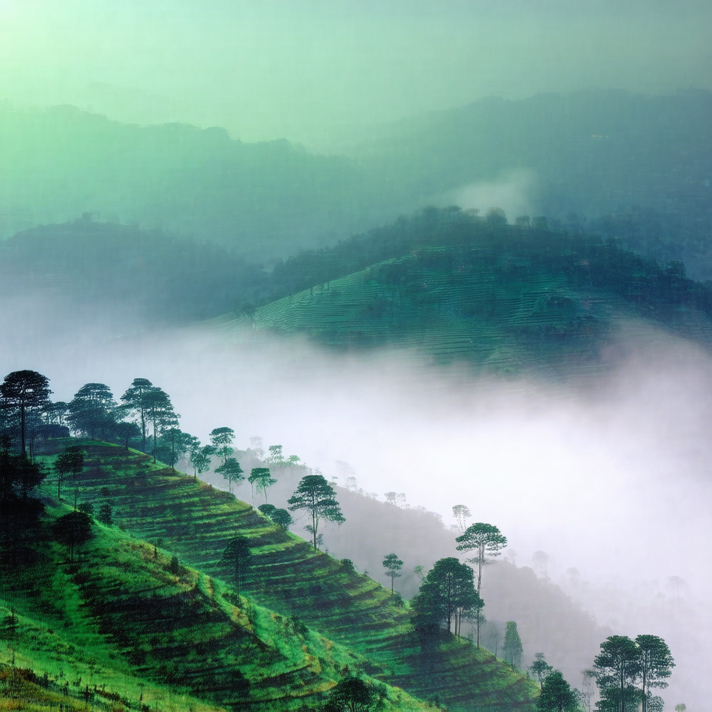 Lush green hillside with a dense forest of trees