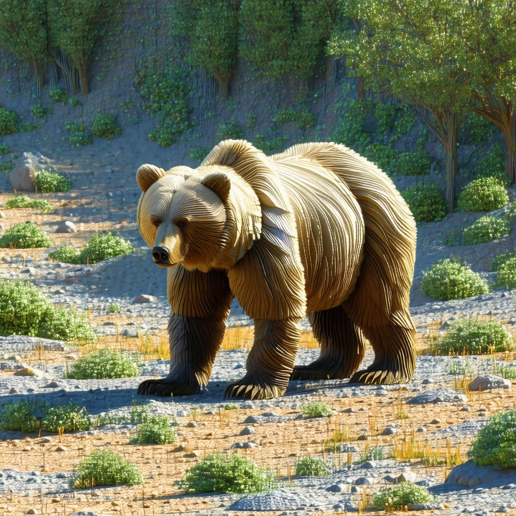 Large, intricately carved wooden bear standing in a field