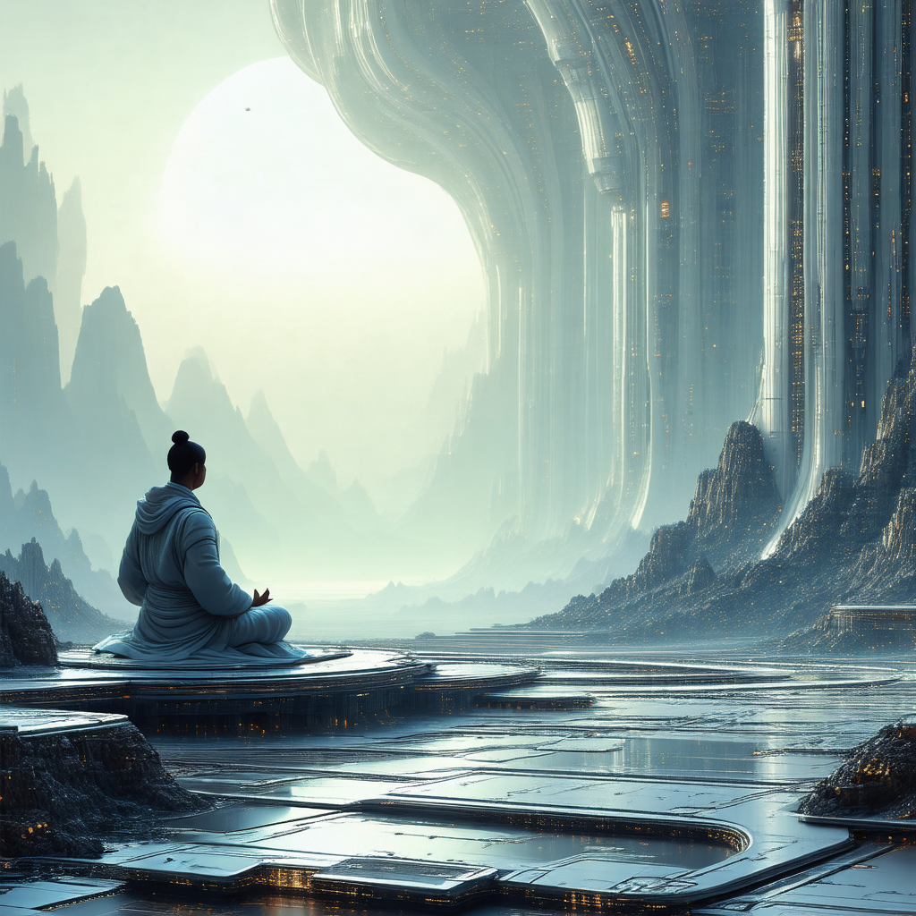Digital painting of a woman sitting on a rock in a futuri...