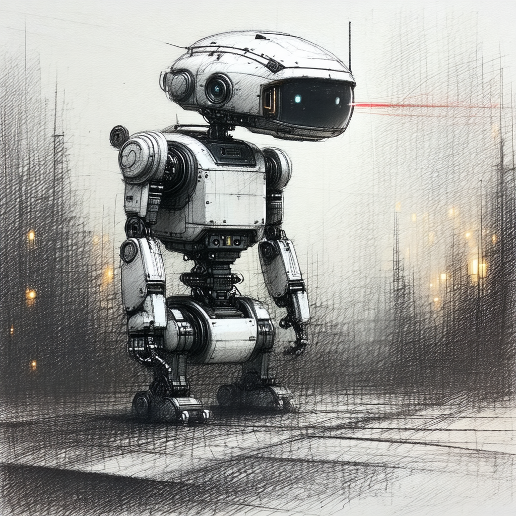 Black and white drawing of a robot standing on a road