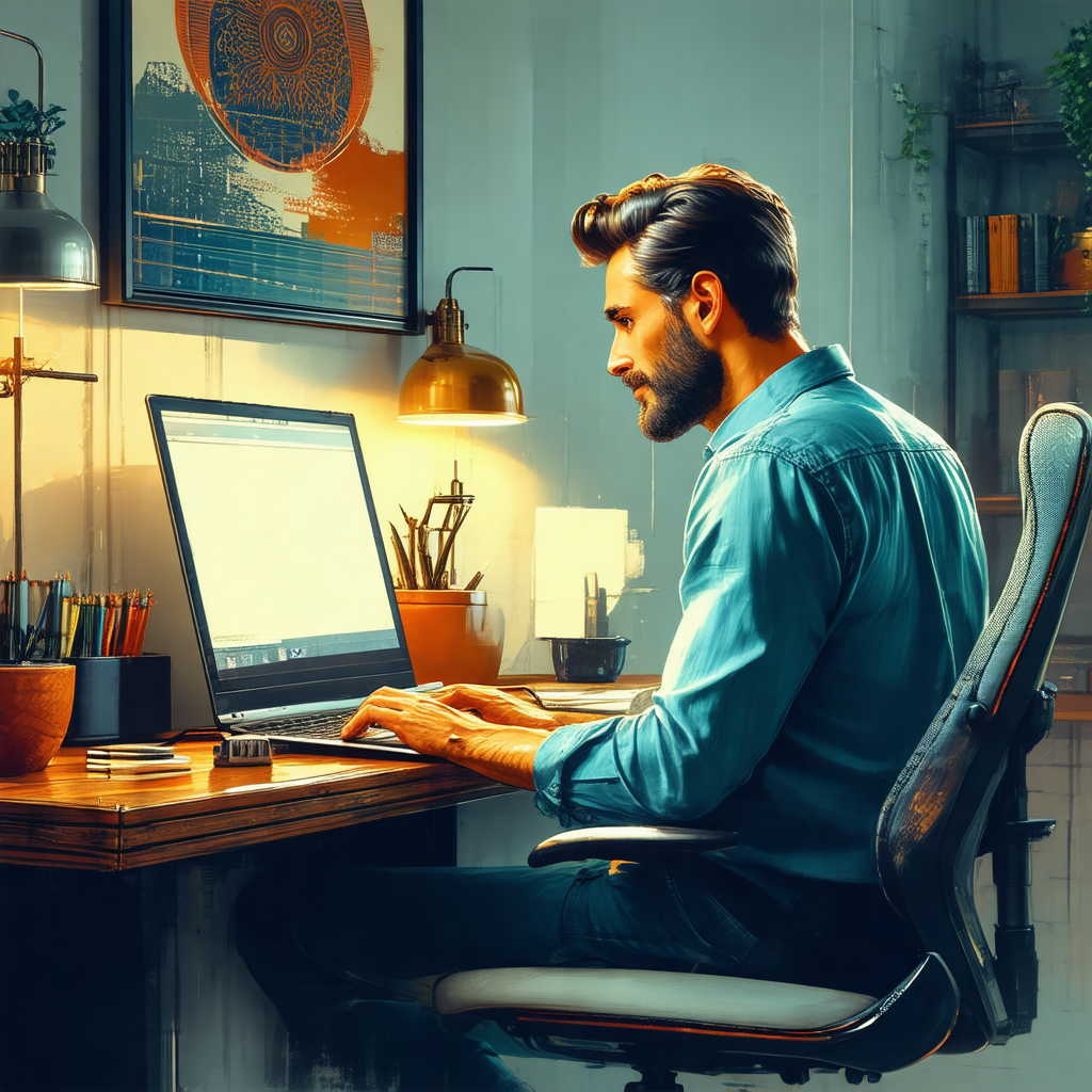 Man sitting at a desk, working on a laptop computer