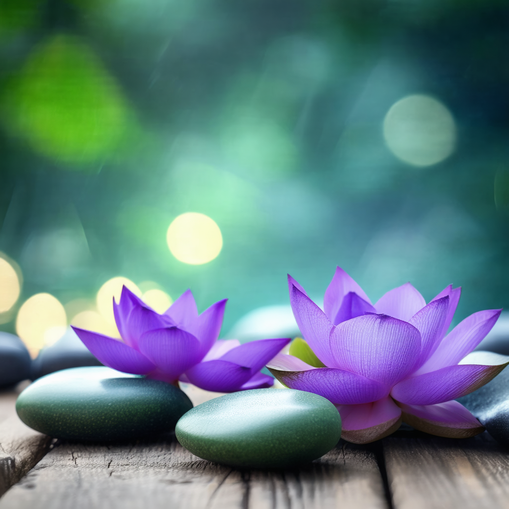 Beautiful arrangement of purple flowers and green rocks