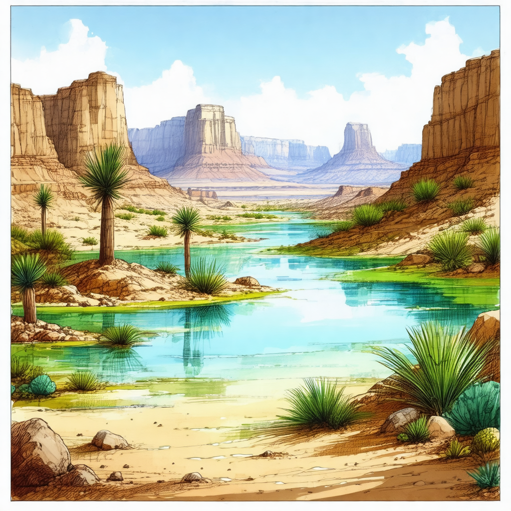 Cartoon-like drawing of a desert landscape with a river f...
