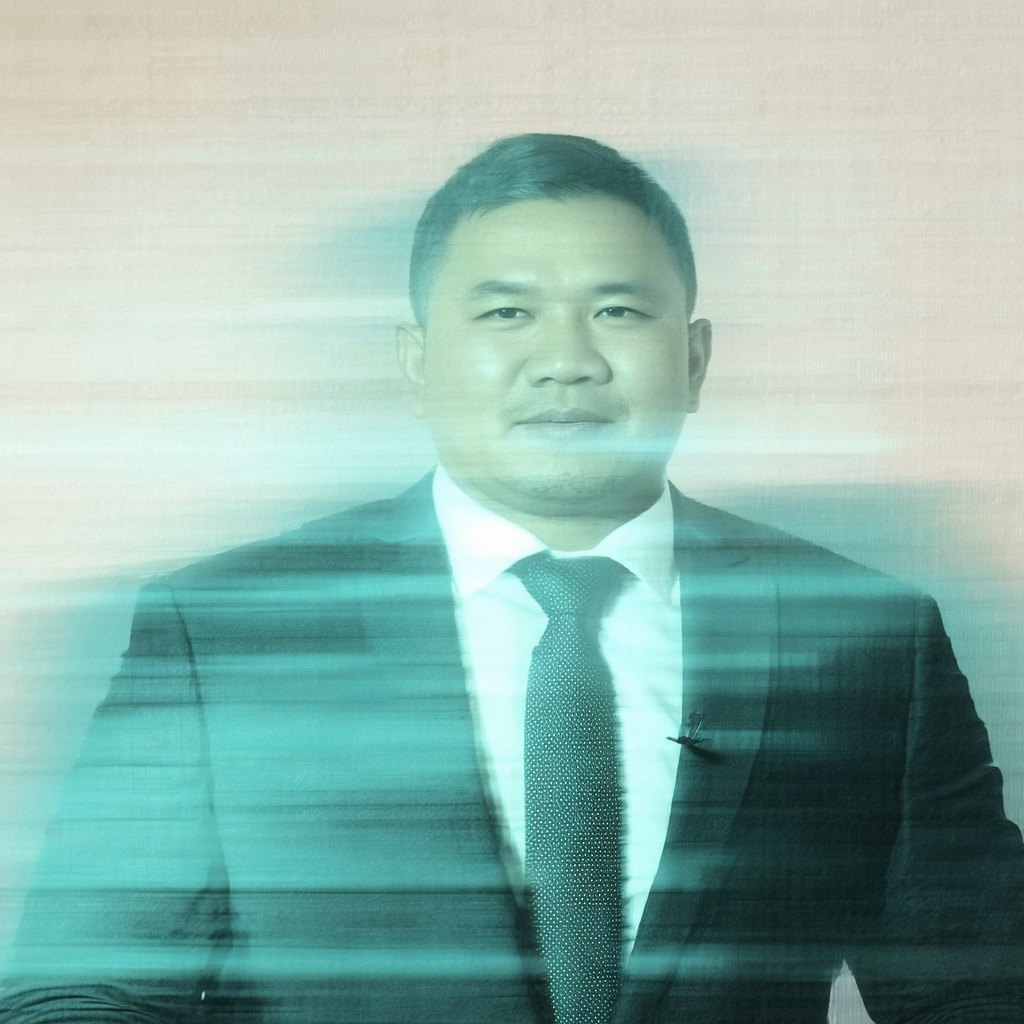 Man wearing a suit and tie, standing in front of a pink b...