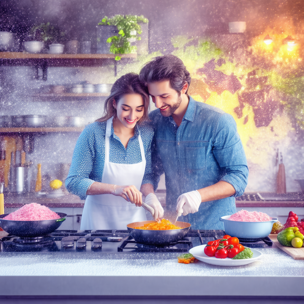 Man and a woman standing in a kitchen, preparing food tog...