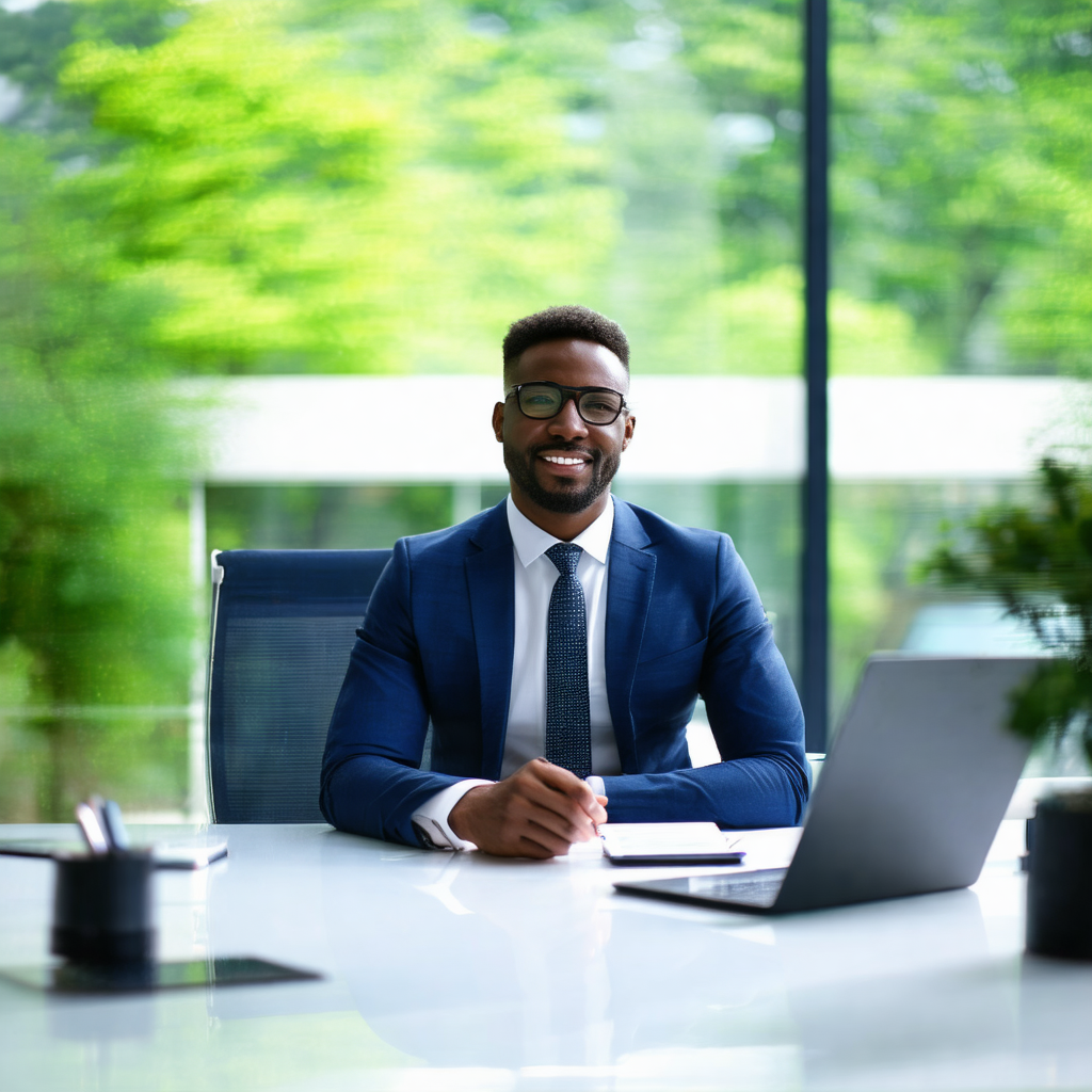 Man wearing a suit and tie, sitting at a desk in an offic...